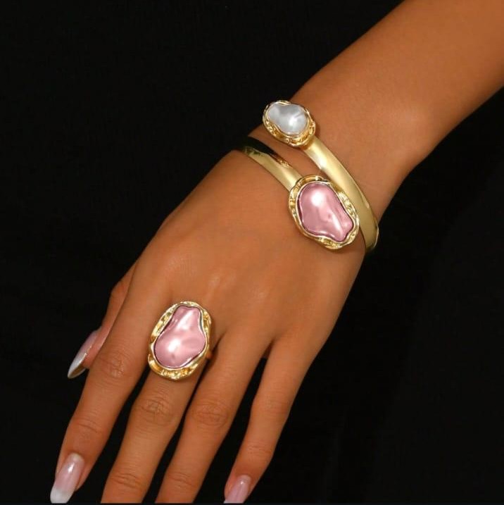 Pink Pearl Statement Bracelet With Ring