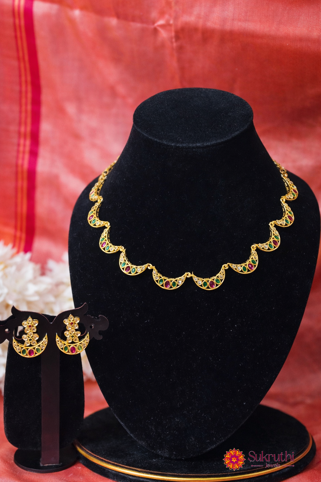 HALF MOON AD MIX STONE NECKLACE WITH EARRINGS