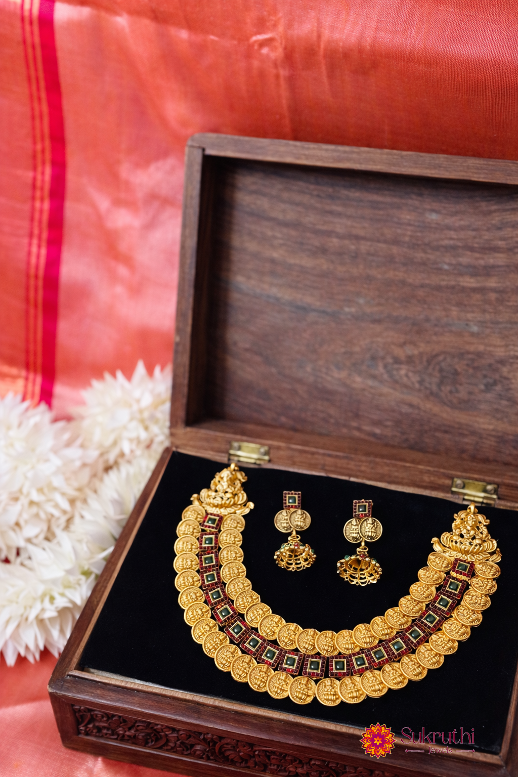 DOUBLE LAYERED HEAVY COIN LAKSHMI RUBY NECKLACE WITH JHUMKA