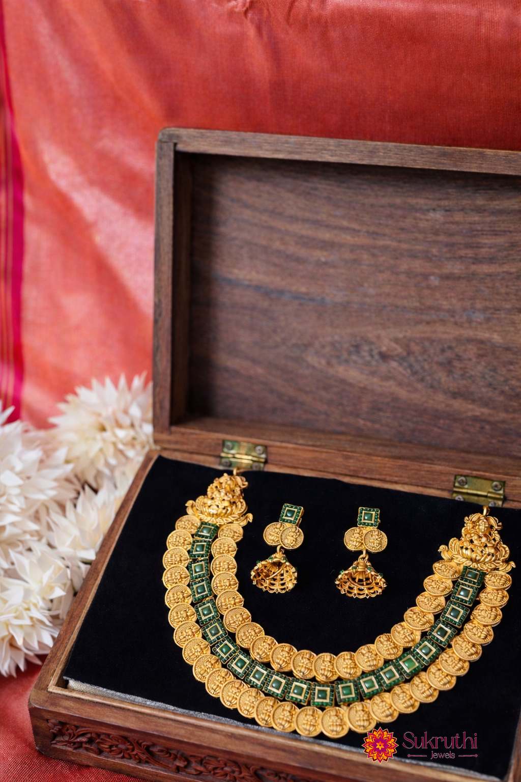 DOUBLE LAYERED HEAVY COIN LAKSHMI EMARALD NECKLACE WITH JHUMKA
