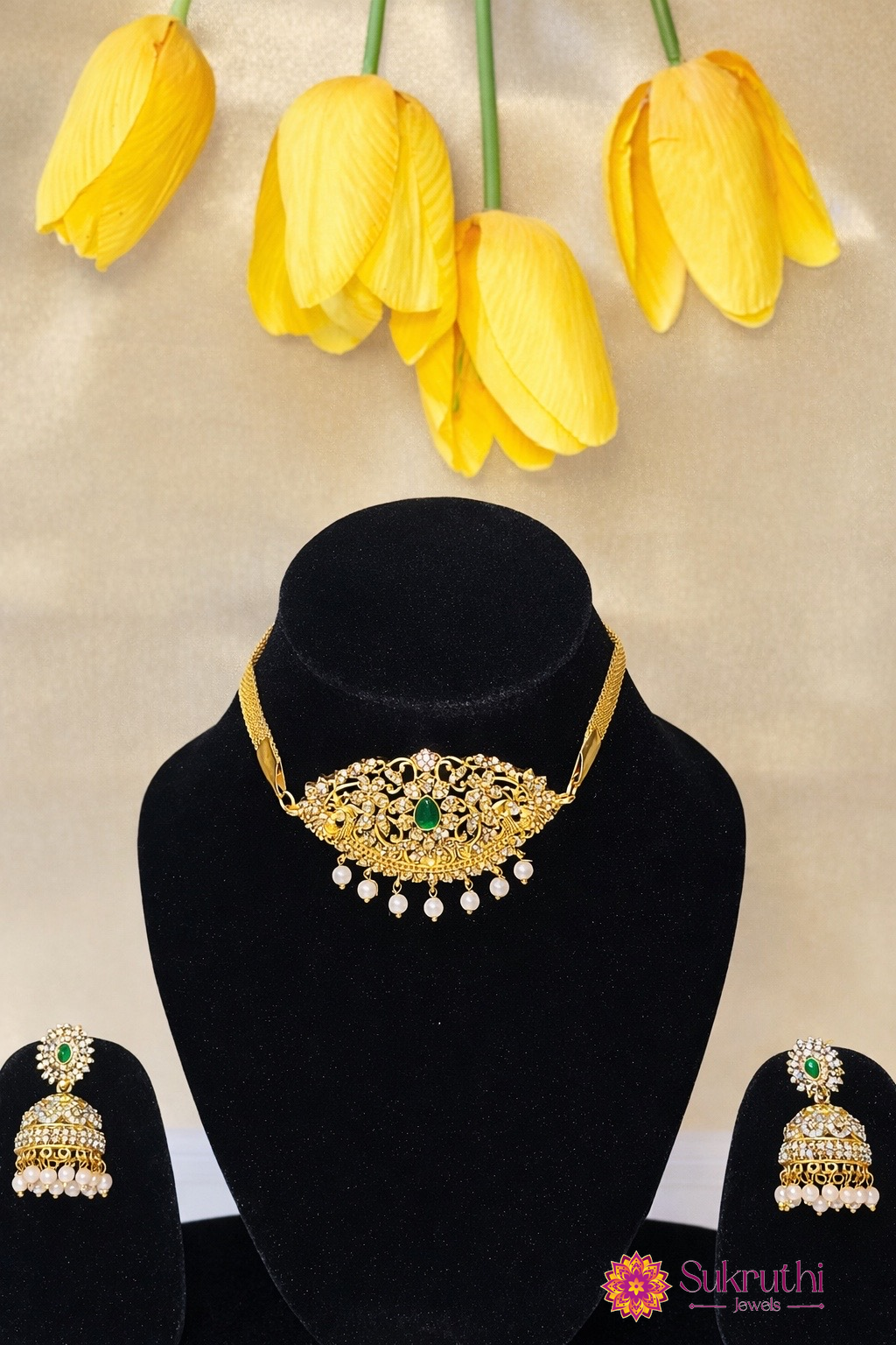 AD STONES DIAMOND CHOKER WITH STONE JHUMKA